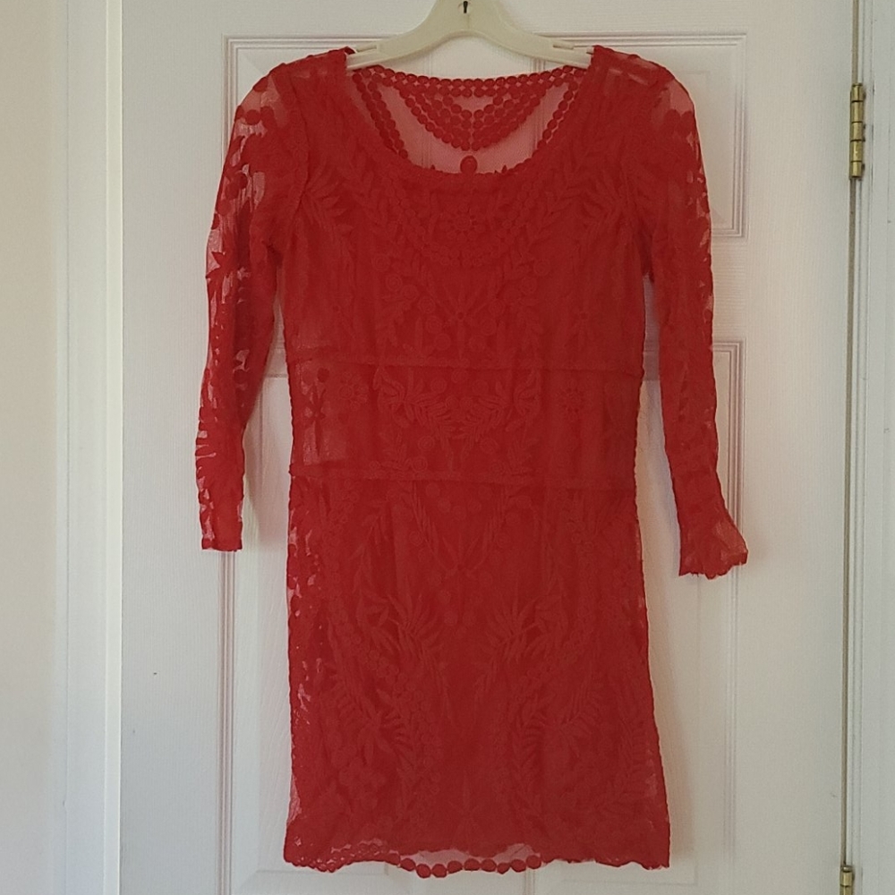 Express Red Embroidered Long Sleeve Dress - S
